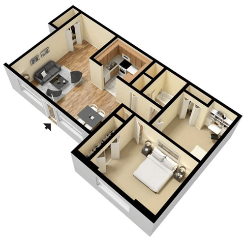 Floor plan for 2 beds, 1 bath, 850 sqft